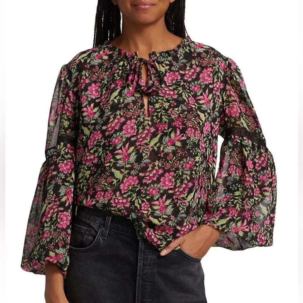 NWT MISA Los Angeles Alicia Floral Flare-Sleeve Blouse Small